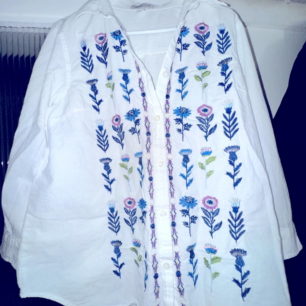 Coldwater Creek White Shirt with Floral Embroidery